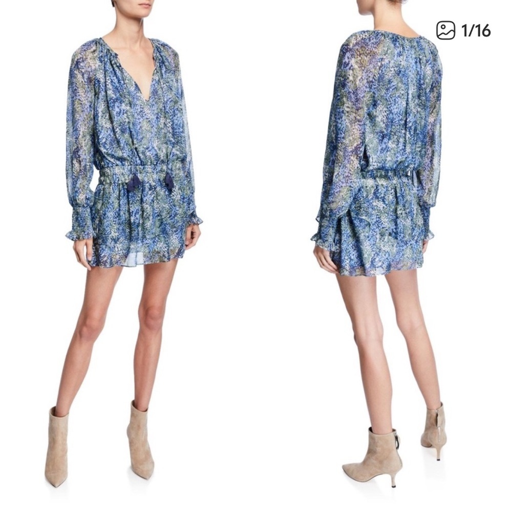 Ramy Brook Blue Floral Long-Sleeve Mini Dress